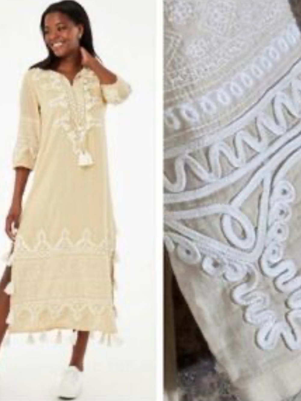 Roller Rabbit Maxi Dress Kaftan Boho Cover Up Tunic Beige Tassels Embroidered L